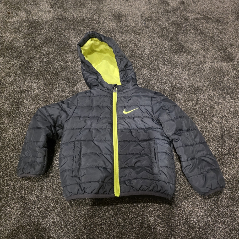 Nike Toddler Puffer Jacket 24m Gray Neon Green Hooded Insulated Coat